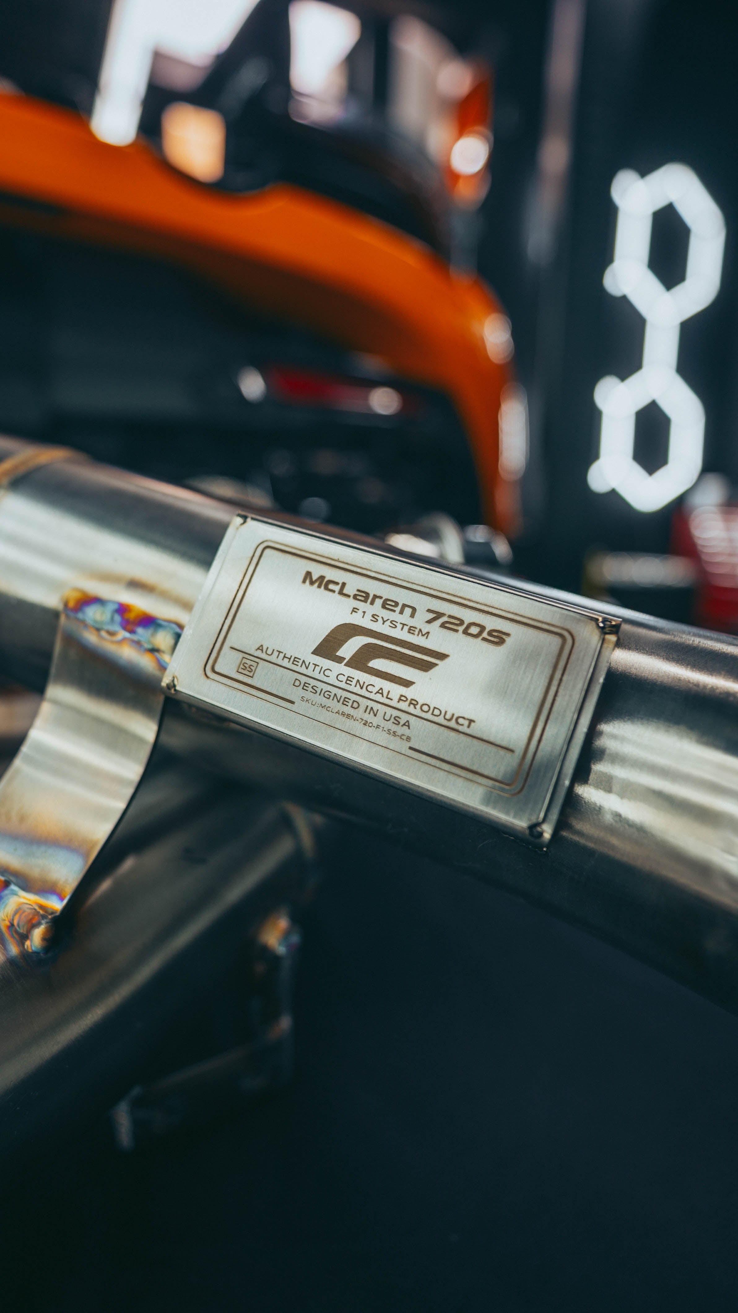 McLaren 720S exhaust X-pipe crossover section with CenCal branding detail