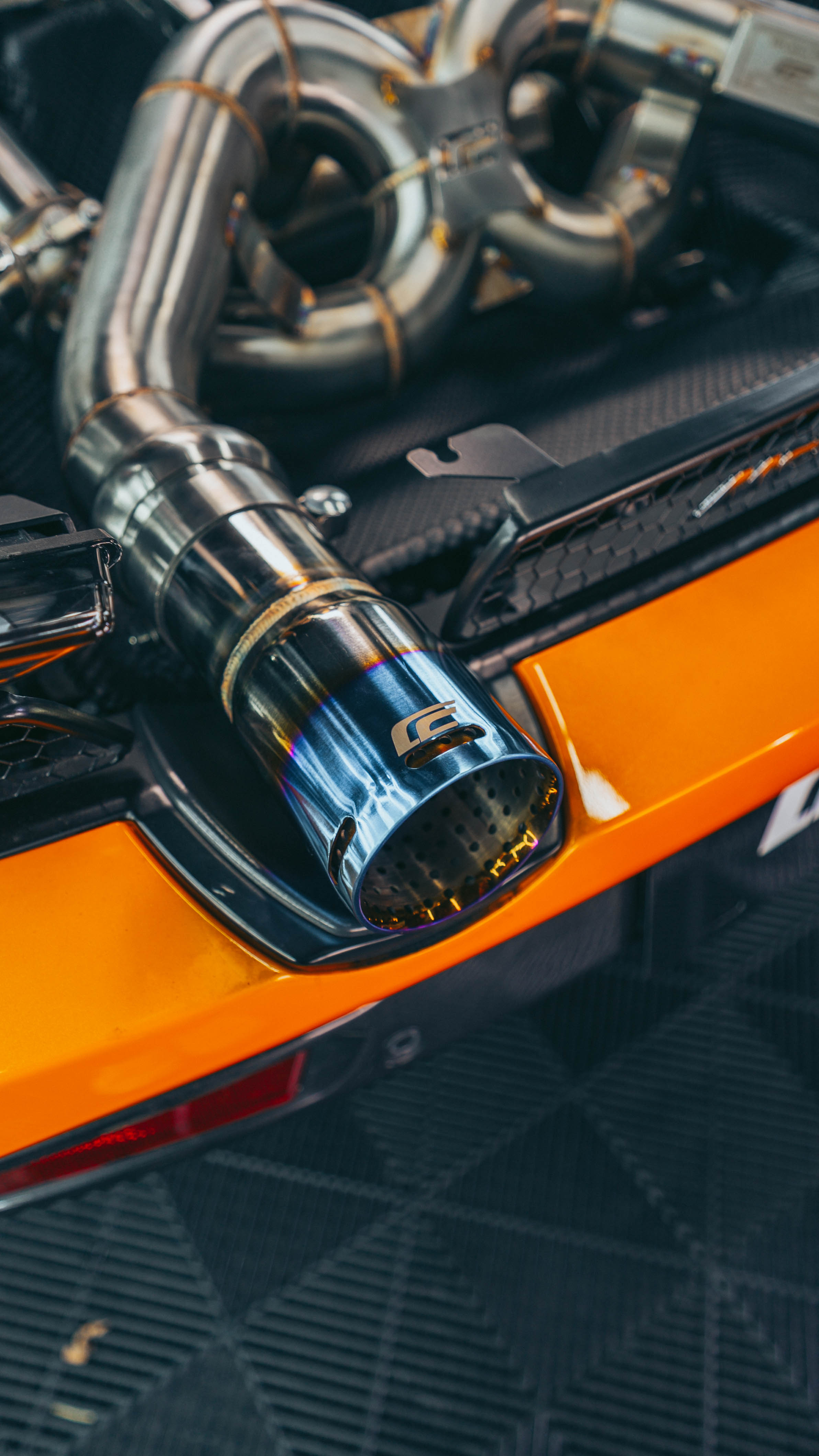 McLaren 720S exhaust fitment clearance check in engine bay