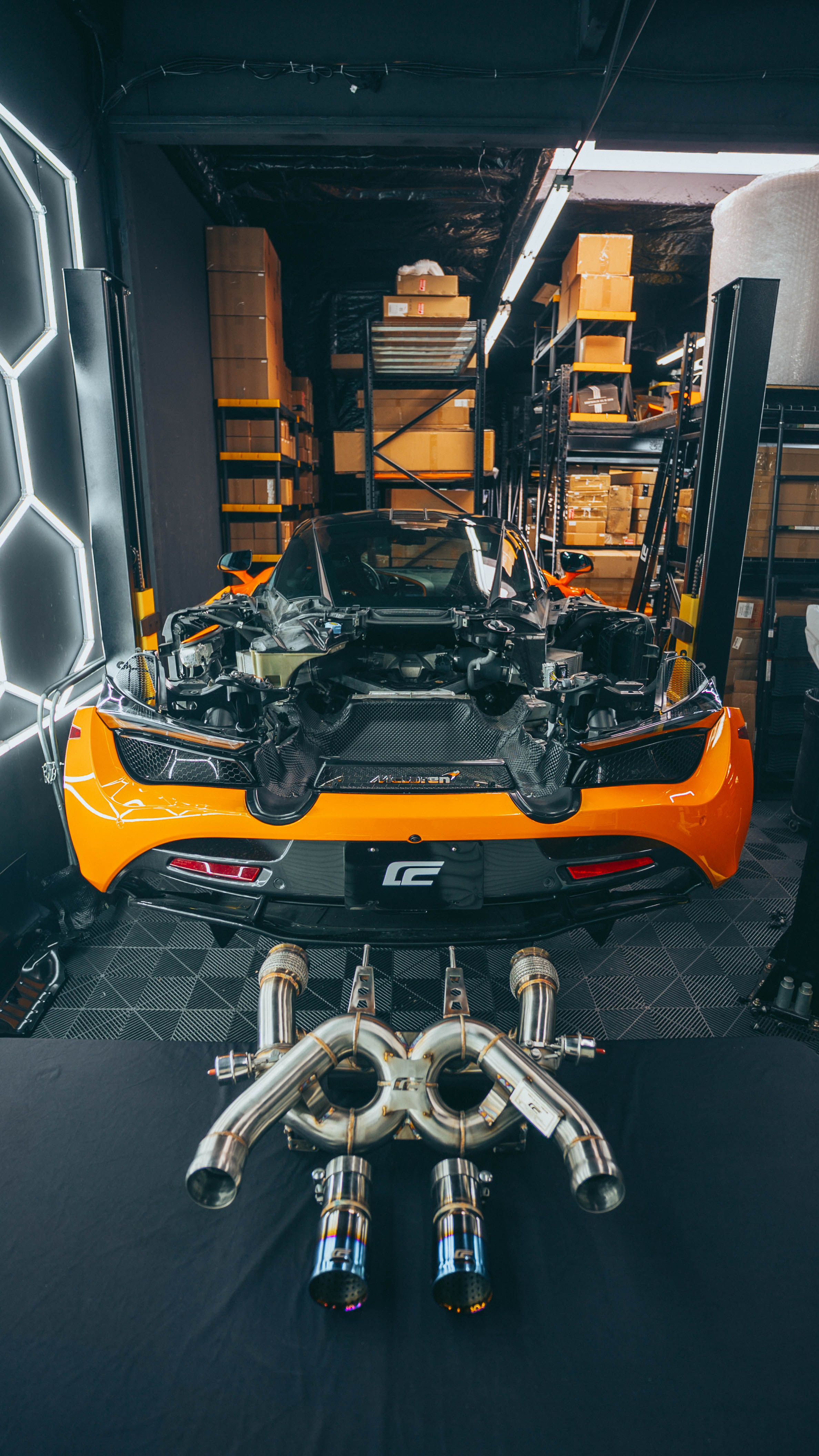McLaren 720S F1 System exhaust system full layout with X-pipe crossover and quad titanium tips