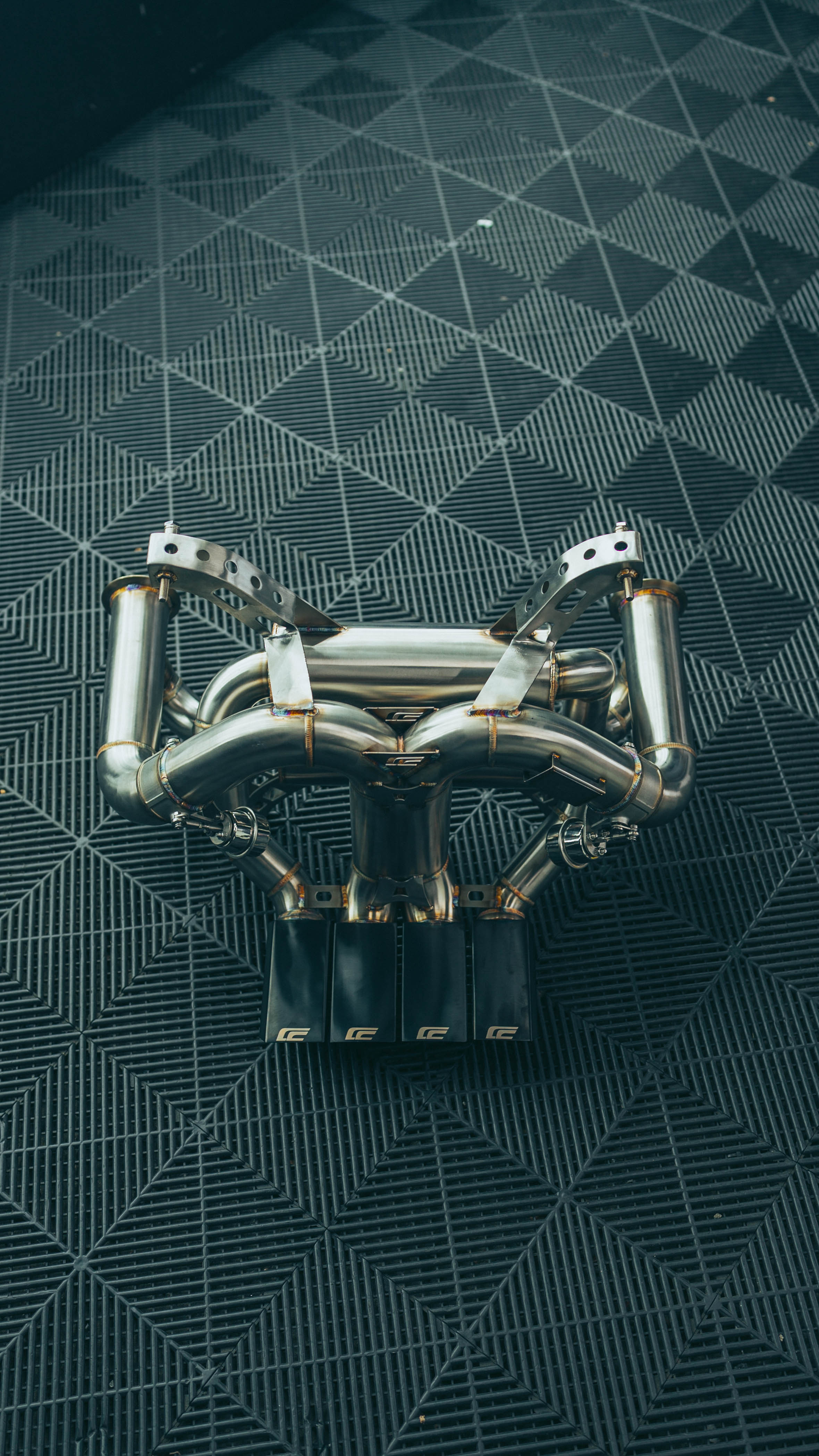CenCal Motorsport Aventador SV F1 Exhaust System - overhead view showing quad rectangular tips