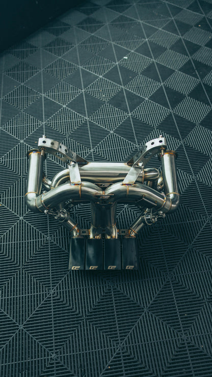 CenCal Motorsport Aventador SV F1 Exhaust System - overhead view showing quad rectangular tips