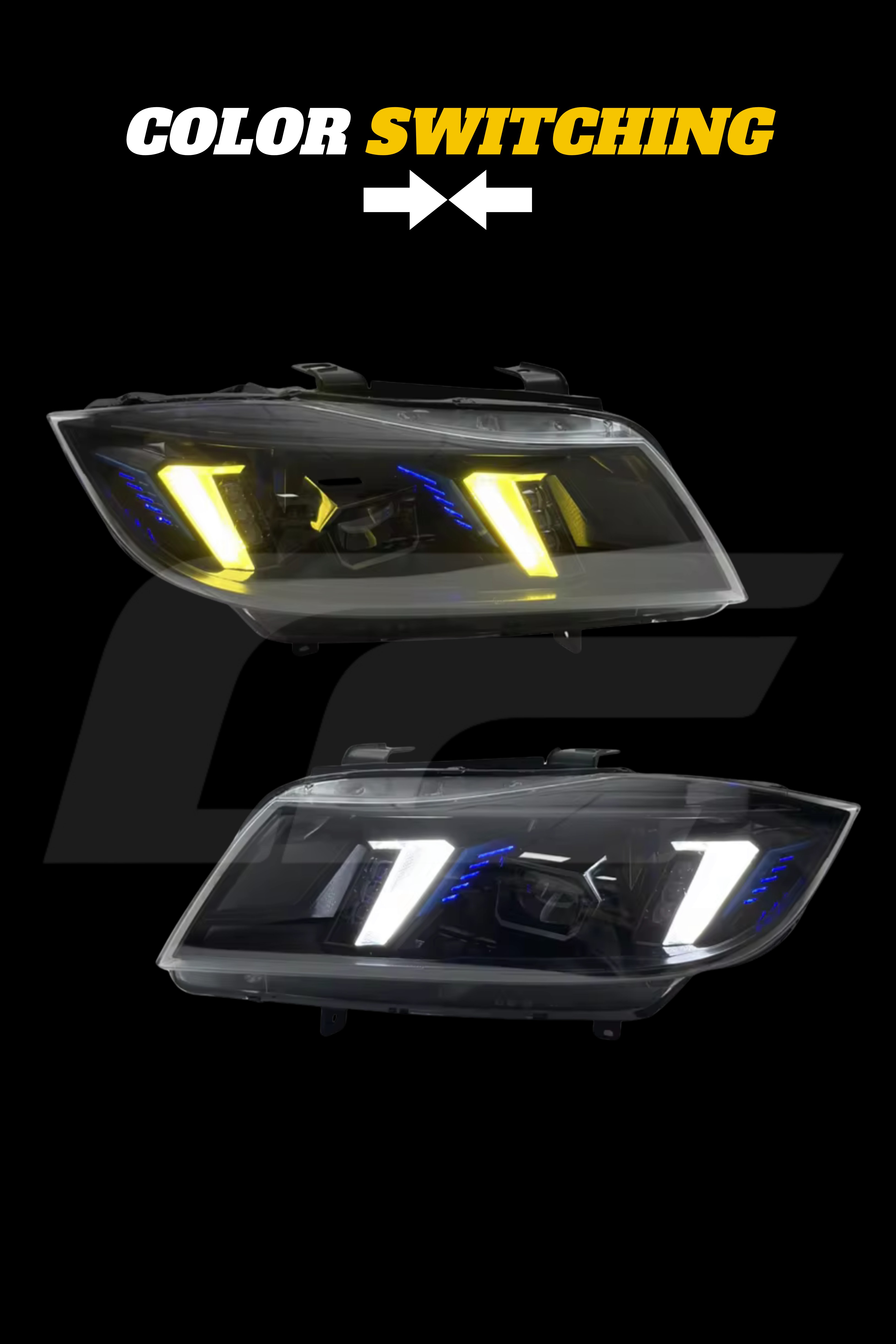 E90 3 Series Snake Eye Headlights - Color Switching White/Yellow