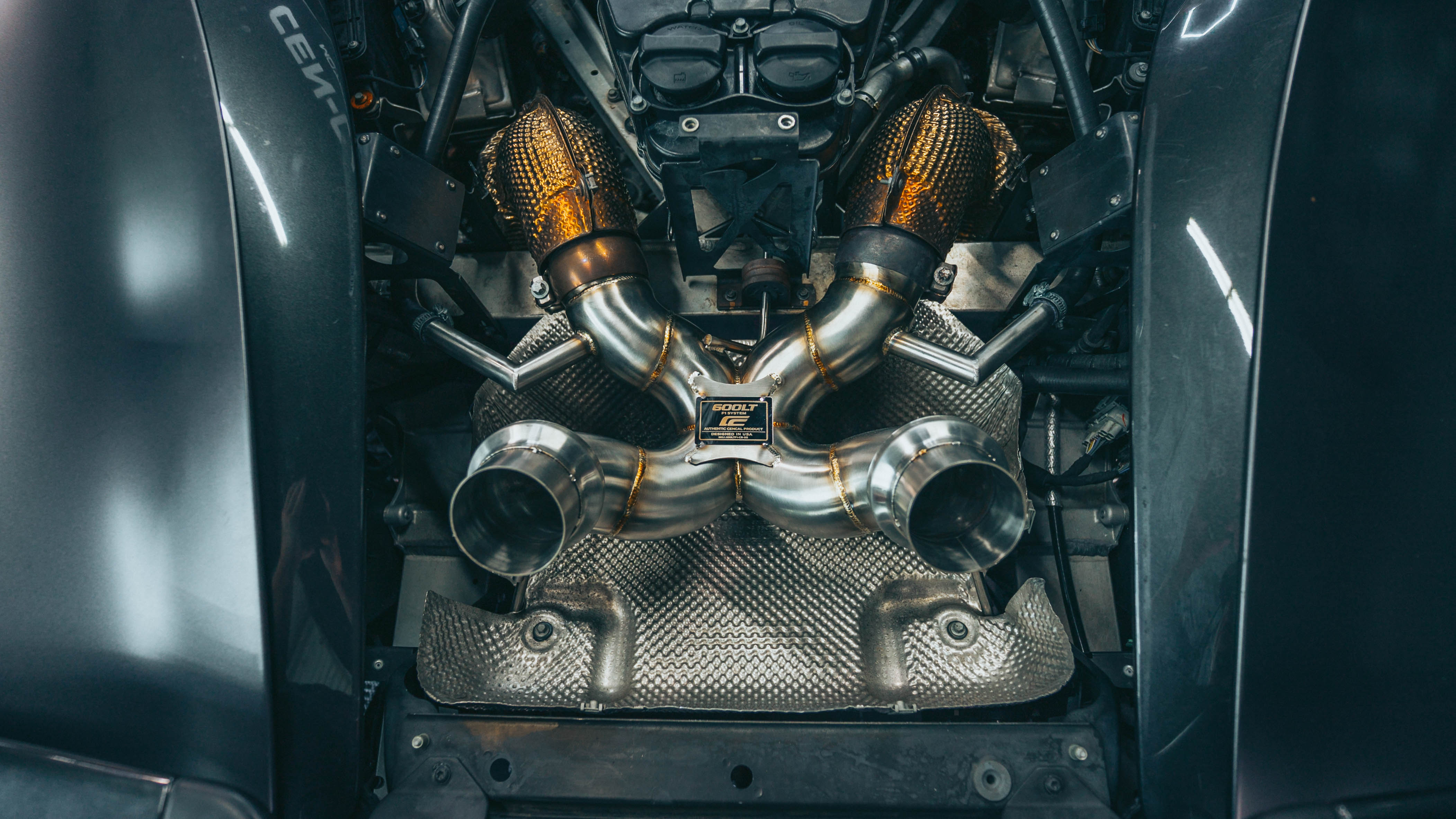 CenCal F1 catback exhaust system McLaren 600LT top-down